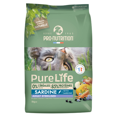 Croquettes sans céréales Pure Life à la sardine | CHAT ADULTE | Stérilisé | 8 kg