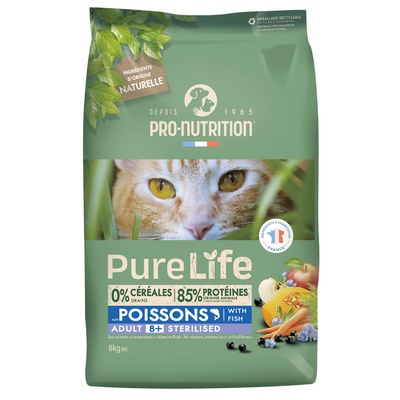 Croquettes sans céréales Pure Life au poisson | CHAT SENIOR 8+ | Stérilisé | 8 kg