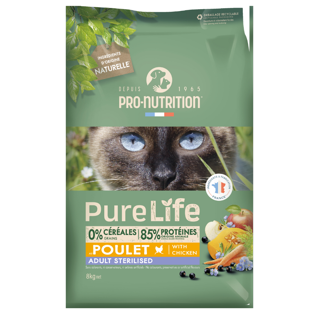 Croquettes sans céréales Pure Life au poulet | CHAT ADULTE | Stérilisé | 8 kg