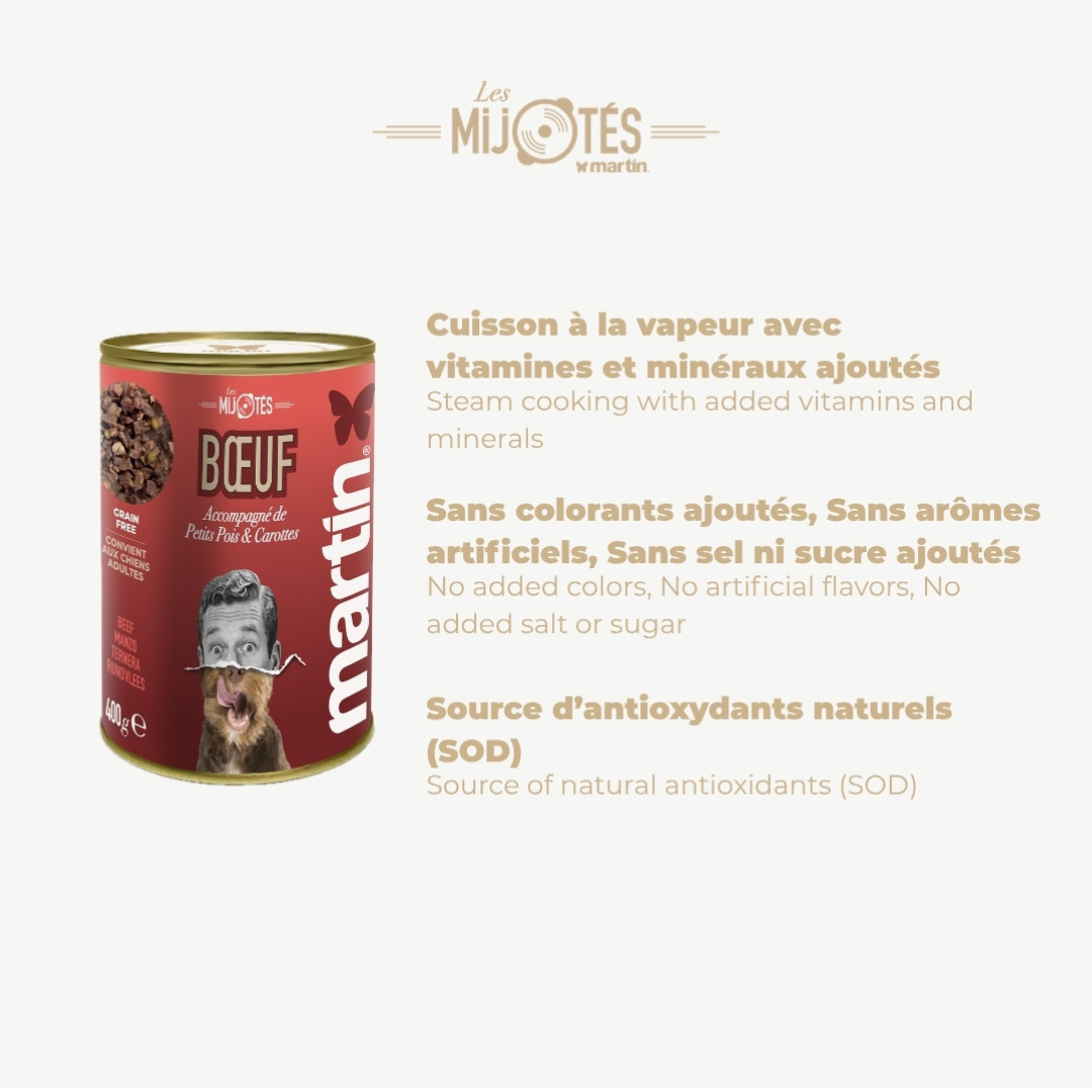 Pâtée MARTIN – Les Mijotés de Boeuf, petits pois et carottes (400g)